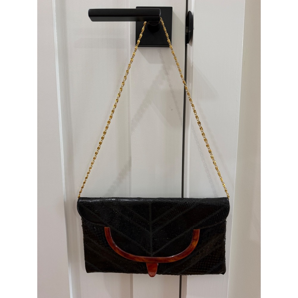 Varon 1970s Black Snakeskin Clutch Shoulder Bag Plastic Clasp Gold Chain Strap